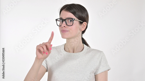 The Young Woman saying No with Finger on White Background