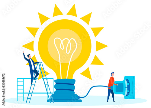 Teamwork for Innovations Concept Flat Illustration. Cartoon Man Plugging Lightbulb into Socket. Manager, Supervisor on Ladder Giving Instructions. Implementing Creative Idea, Launching Startup