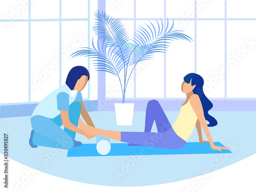 Female Manual Therapist Eliminates Pain Sore in Woman Feet and Leg. Doctor and Patient in Physiotherapeutic Gym Class. Massage, Stretching, Exercise with Ball. Rehabilitation. Vector Flat Illustration