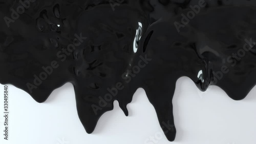 Black liquid substance flowing down on white surface. Black oil fluid flows down. 3D render animation footage.