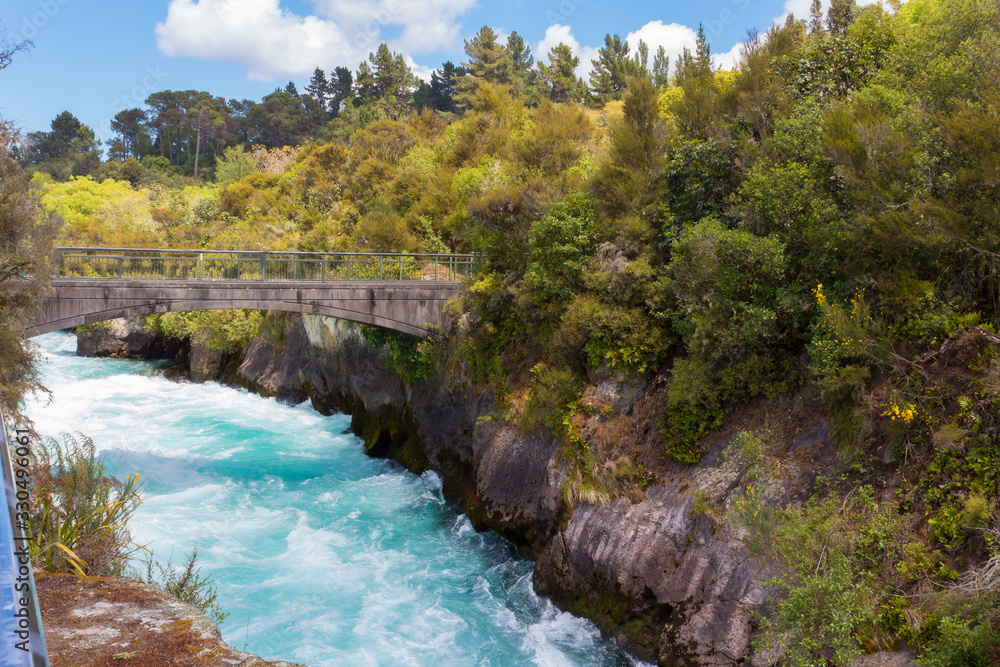 Fototapeta premium Bridge over the Waikato river, on the Huka falls lookout point, Taupo, north island, New Zealand