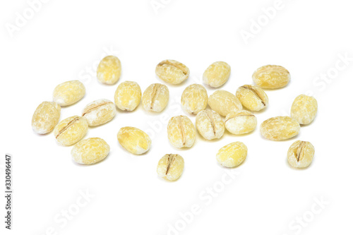 Dry Oat flakes   Bran  Barley rice  Rye cereals   isolated on white background. Healthy food and diet concept. Selective focus.