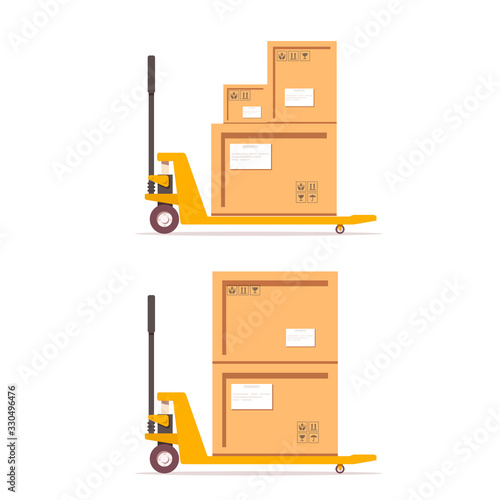 Vector flat pallet jack with cargo box. Storage equipment icon. Isolated white background.