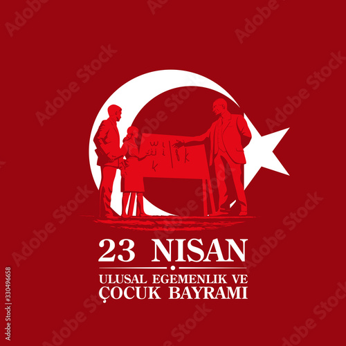 April 23 Turkish national ataturk festival banner cocuk baryrami 23 nisan, tr: April 23 Turkish National Sovereignty and Children's Day, friendship kids silhouette with Turkey flag isolated on red photo