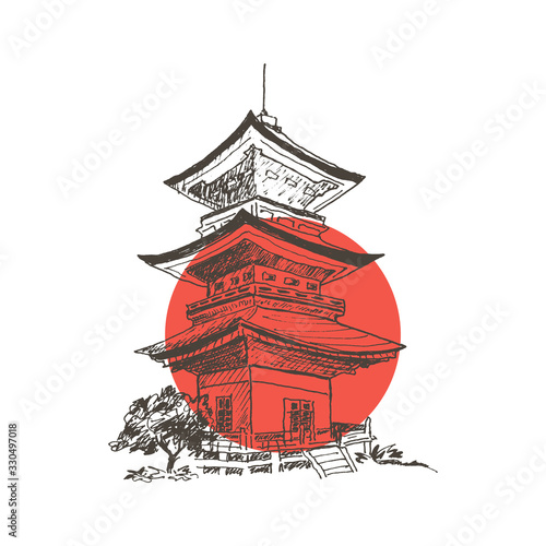 Chinese Pagoda Architectural Building Hand Drawn Vector Illustration