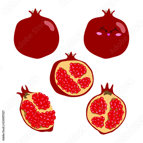 Collection of vector illustrations of pomegranate whole, half and slices in flat style. Set of red pomegranate on a white background for design.