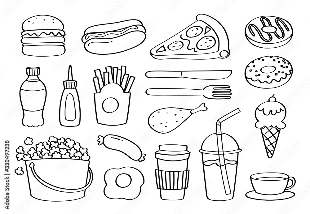 Cute doodle fast food or junk food cartoon icons and objects. Cute doodle fast food or junk food cartoon icons and objects.