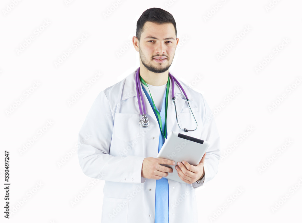 Portrait of a confident doctor with tablet isolated on white background Portrait of a confident doctor with tablet isolated on white background