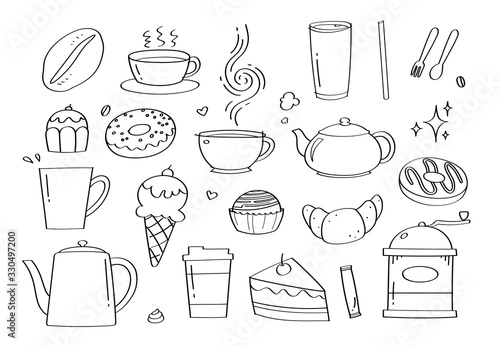 Cute doodle coffee cafe and bakery cartoon icons and objects.