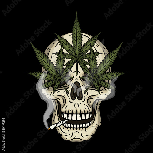 Skull with marijuana leaves. Rastaman skull with cannabis leafs and spliff
