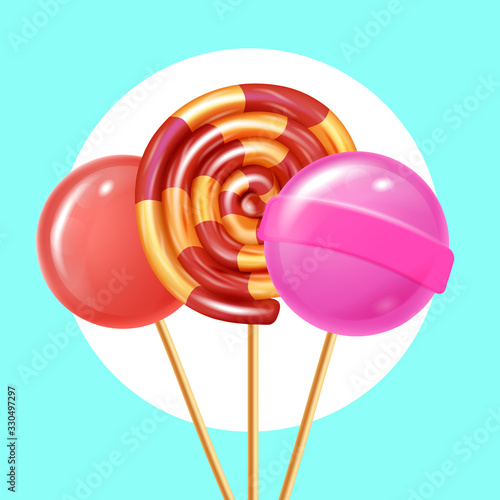 Three Round Lollipops on Blue Background. Natural Candy. Vector Illustration. Nature Composition. Fruity Filler. Colored Caramel. Lollipop Different Shapes. Aroma Caramel. Confectionery Delicious.