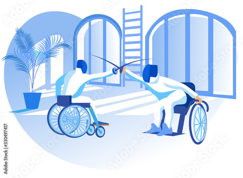 Vector Illustration Paralympic Competition Flat. Wheelchair Fencing. Disabled People in Special Clothes do Sports. Sport for People with Physical Disabilities Creates Conditions for Livelihoods.