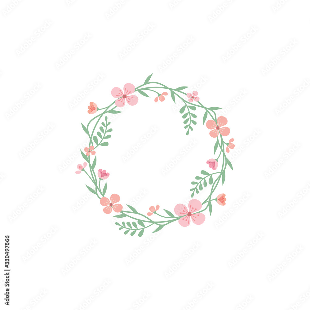 Floral circle colorful vector frame. Spring blossom, flower vintage decoration frame template with branches and leaves.