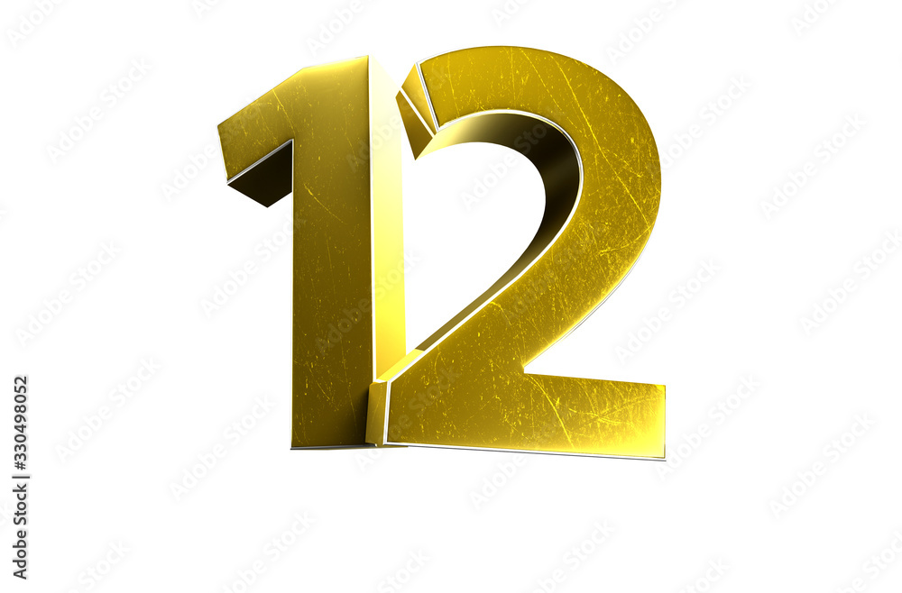 3D illustration Golden number 12 isolated on a white background.(with Clipping Path). 3D illustration Golden number 12 isolated on a white background.(with Clipping Path).