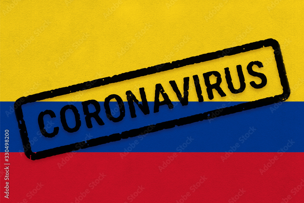 Flag of Colombia on paper texture with stamp, banner of Coronavirus name on it. 2019 - 2020 Novel Coronavirus (2019-nCoV) concept, for an outbreak occurs in the Colombia.