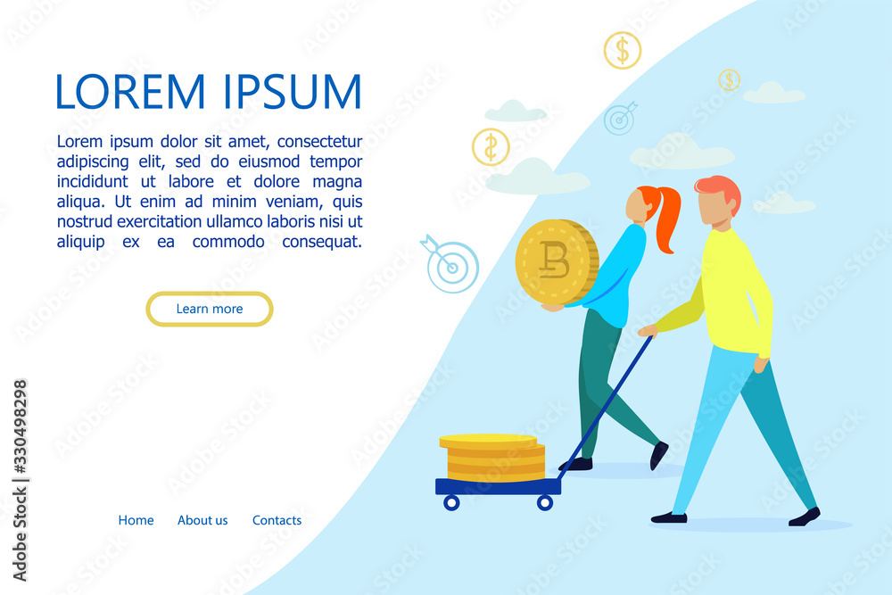 Professional Banner Operating Income Cartoon. Poster Man and Woman Move Gold Coins with Symbol Cryptocurrency. Flat Management Cryptocurrency Income. Vector Illustration Landing Page.