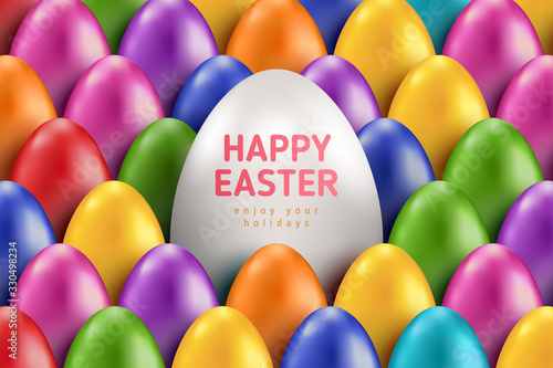 Easter concept banner or card with many 3d colorful and one white egg. Vector illustration. Rainbow abstract pattern background. Party invitation template with place for text.