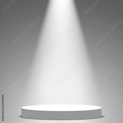 Stage for awards ceremony. White round podium with spotlight. Pedestal. Scene. Vector illustration.