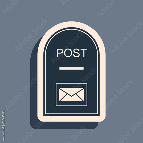 Black Mail box icon. Post box icon isolated on grey background. Long shadow style. Vector Illustration