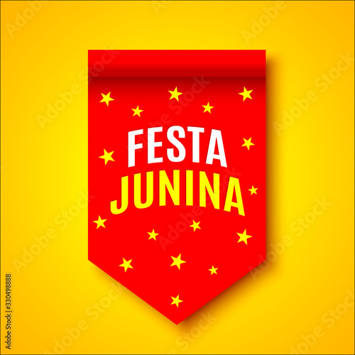 Red ribbon with yellow stars. Decoration with name of Brazilian June Festival. Vector illustration. "Festa Junina" - June Festival.