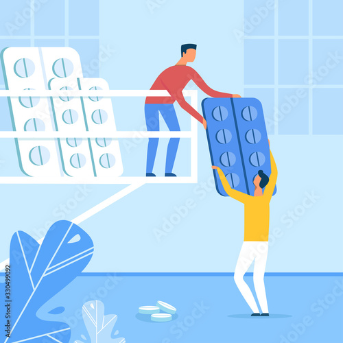 Medical Staff Sorting Tablets in Blisters Cartoon. Male Pharmacists or Apothecaries Characters and New Flat Drugs. Innovative Medications for Disease Treatment. Vector Metaphor Illustration