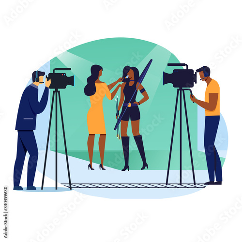 Scene Recording Preparation Vector Illustration. Actress, Assistant Artist and Cameramen Cartoon Characters. Professional Visagiste puts Makeup on Young Woman. Movie Shooting Preparation