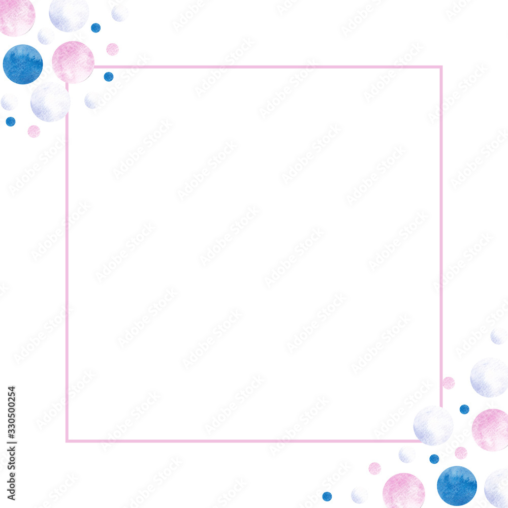 Square frame made of watercolor circles of pink and blue on a white background. Use for menus, baby decor and birthday parties