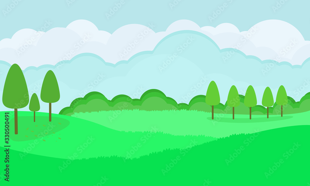 Obraz premium Nature landscape vector design. Flat background with tree and blue sky.