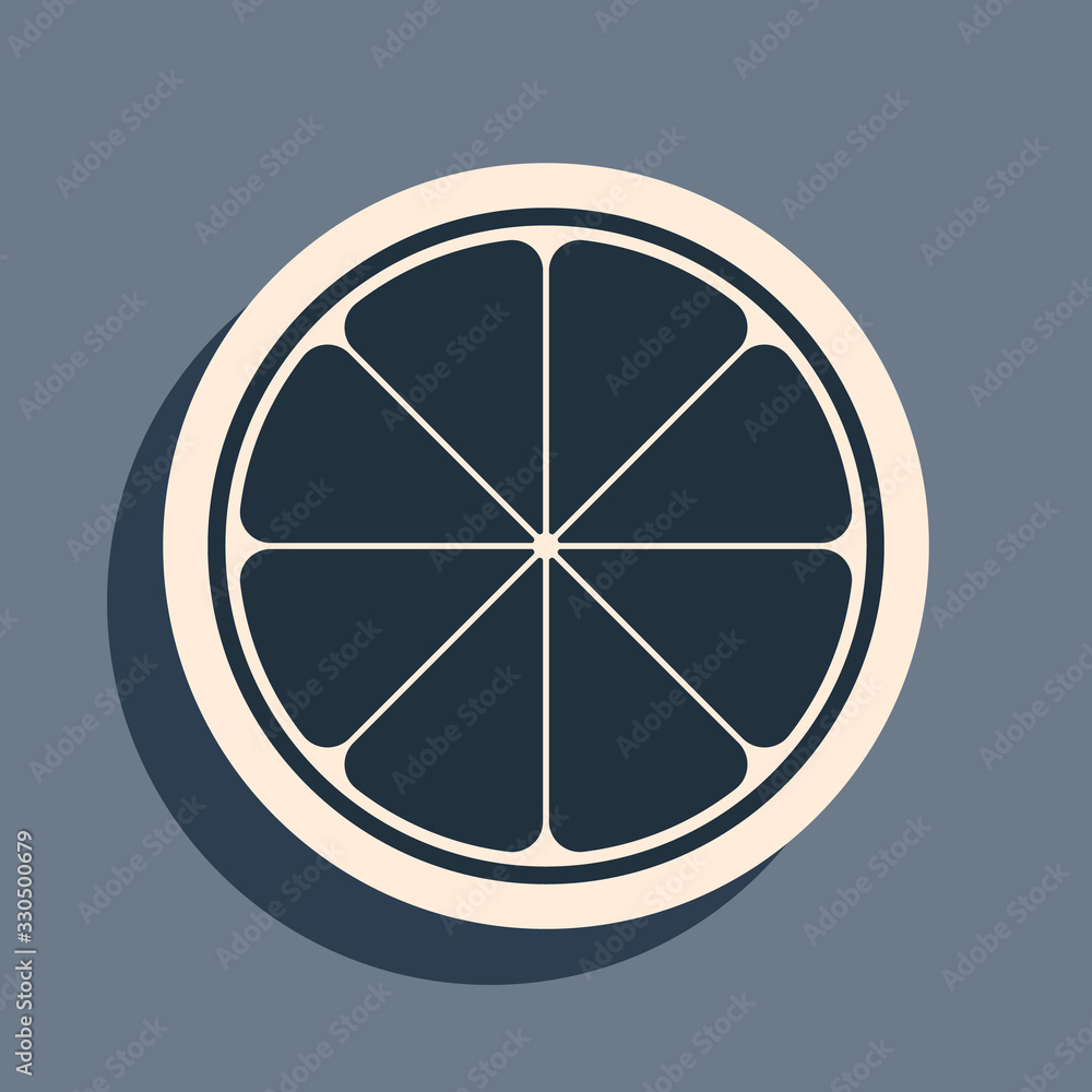 Black Orange in a cut. Citrus fruit icon isolated on grey background. Healthy lifestyle. Long shadow style. Vector Illustration
