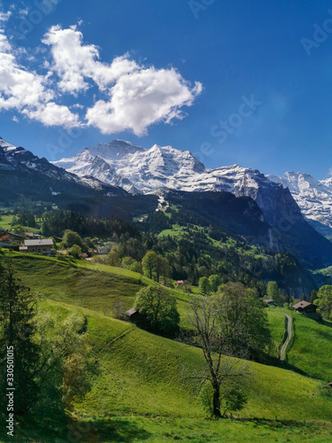 Panoramic view of Lauterbrunnen, the Staubbach fall and the Lauterbrunnen Wall. © Kristian