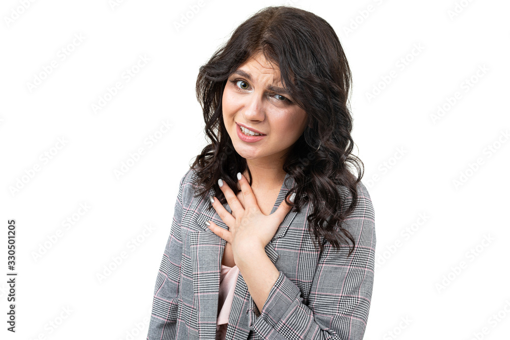 girl in a classic checkered gray jacket asks for forgiveness on a white background girl in a classic checkered gray jacket asks for forgiveness on a white background