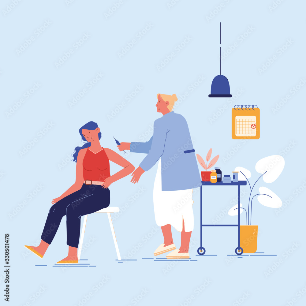 Vaccination Concept. Doctor Character Injecting Flu Shot Vaccine to Patient Arm. Young Woman Sitting in Medical Cabinet Apply Drug. Viruses and Disease Prevention. Cartoon People Vector Illustration Vaccination Concept. Doctor Character Injecting Flu Shot Vaccine to Patient Arm. Young Woman Sitting in Medical Cabinet Apply Drug. Viruses and Disease Prevention. Cartoon People Vector Illustration
