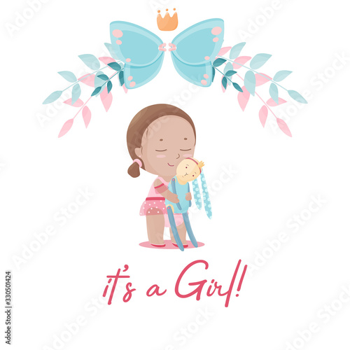 Cute girl in the tutu pask hugs her stitched rabbit toy