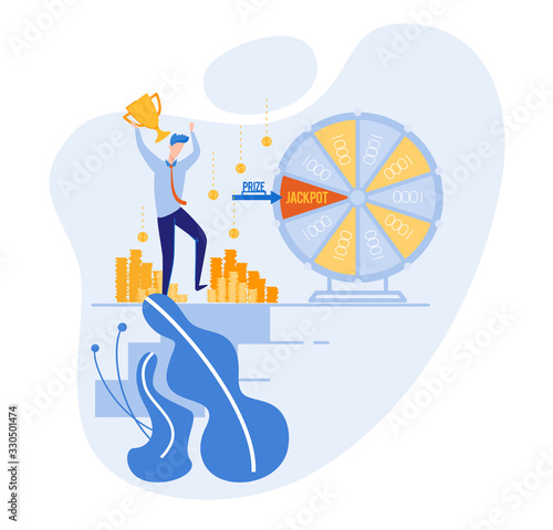 Winning Life Changing Amount Money, Just Spinning Wheel. Successful Gambler with Golden Champion Cup. Growing Rich Sometimes Can Be Matter Luck. Office Worker, Celebrating Unexpected Wealth.