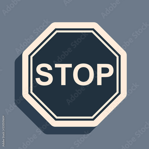 Black Stop sign icon isolated on grey background. Traffic regulatory warning stop symbol. Long shadow style. Vector Illustration