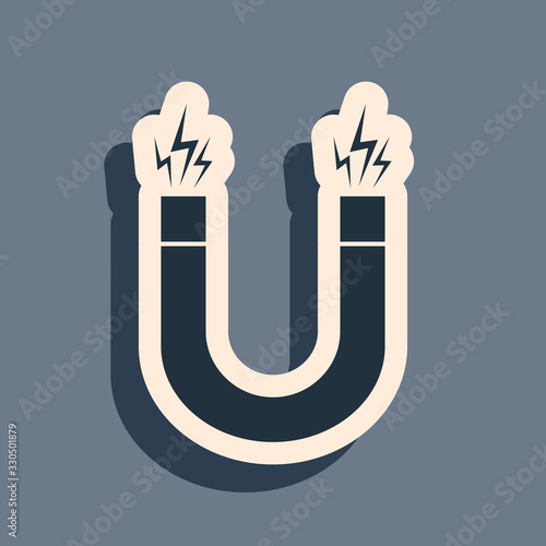 Black Magnet icon isolated on grey background. Horseshoe magnet, magnetism, magnetize, attraction. Long shadow style. Vector Illustration