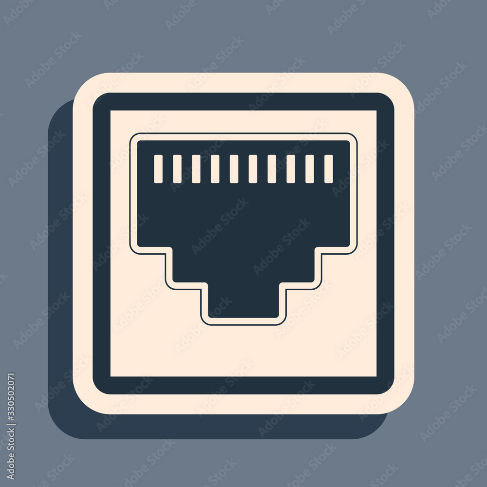 Black Network port - cable socket icon isolated on grey background. LAN port icon. Ethernet simple icon. Local area connector icon. Long shadow style. Vector Illustration Black Network port - cable socket icon isolated on grey background. LAN port icon. Ethernet simple icon. Local area connector icon. Long shadow style. Vector Illustration