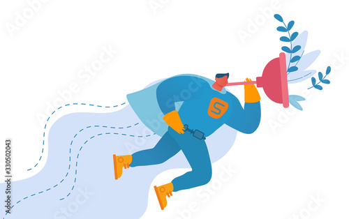 Handyman Character Wearing Super Hero Costume Holding Huge Plunger in Hand Flying in Sky to Help People with Household Duties and Broken Technique, Husband on an Hour. Cartoon Vector Illustration