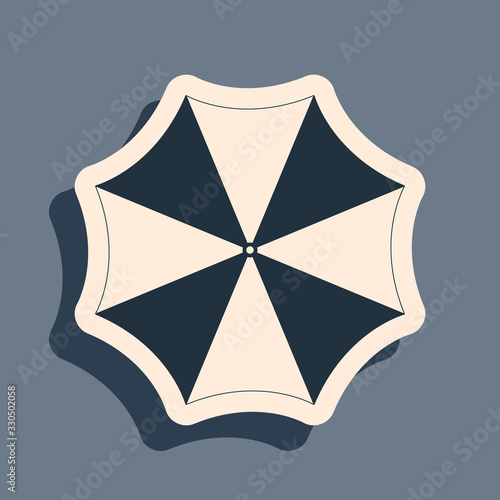 Black Sun protective umbrella fo beach icon isolated on grey background. Large parasol for outdoor space. Beach umbrella. Summer vacation or picnic accessory. Long shadow style. Vector Illustration