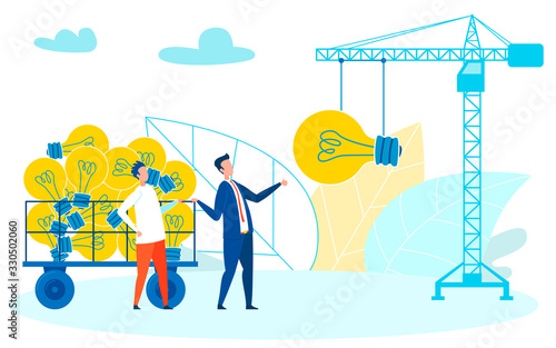 Structuring Creative Idea Daily, Frequently Vector. Corporation, Company Buying Off, Privatizing Fresh, New Ideas Cartoon Metaphor Illustration. Tower Crane Putting Lightbulb in Big Cart With Lamps