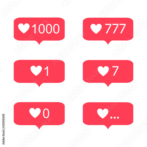 Vector Like icons set isolated on white background, heart symbols and different numbers.