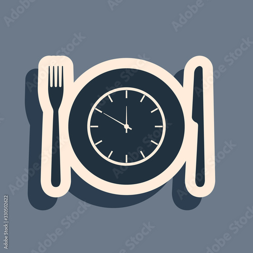 Black Plate with clock, fork and knife icon isolated on grey background. Lunch time. Eating, nutrition regime, meal time and diet concept. Long shadow style. Vector Illustration