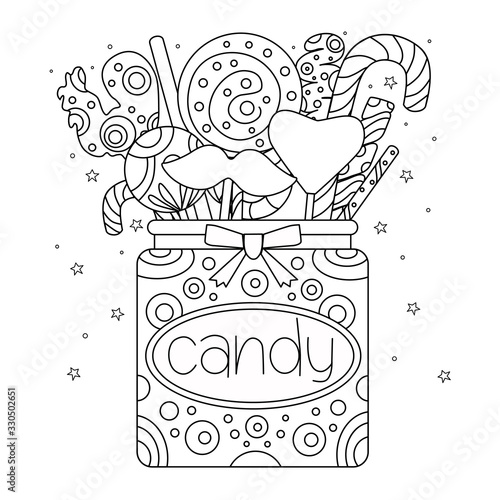 A jar of sweets. Template for a coloring book page. Outline Doodle vector illustration.