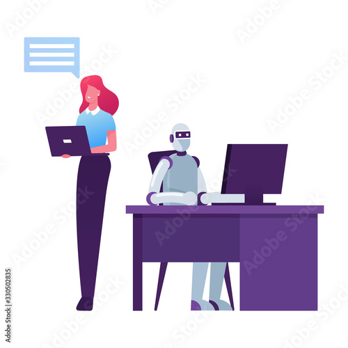 Artificial Intelligence in Human Life, Chatbot Service. Robot Sitting at Desk with Computer Working with Office Woman Character. Futuristic Technologies, Automatization. Cartoon Vector Illustration