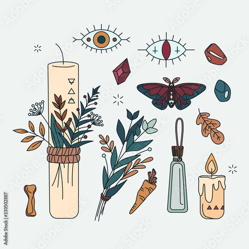 Set of pagan, occult and esoteric symbols. Isolated collection about shamanism, herbal medicine healer, Wicca. Linear mystical items - candles, herbs, moth, evil eyes in hand drawn style