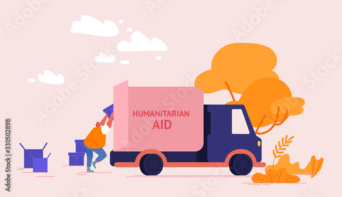 Volunteers Characters Distribute Boxes with Humanitarian Aid. Caring Altruistic Unloading Humanitarian Aid Containers for Refugee People in Complicated Life Situation. Cartoon Vector Illustration