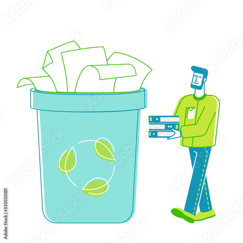 Man Volunteer Character Carry Pile of Old Used File Sheets Collecting Wastepaper Trash for Recycling and Reuse. Environmental Problem, Ecology Protection, Save Paper. Linear Vector Illustration