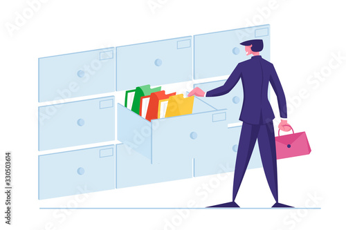 Office Clerk Character Searching for Files Into Filing Cabinet Drawer, Business Administration and Data Storage Concept. Businessman Take Documents in Archive Storage. Cartoon Vector Illustration