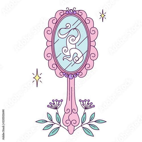 Providence by mirror in line style. Smoke reflection in cute hand mirror. Isolated symbol prediction of future, vision of spiritual, extrasensory and oracle