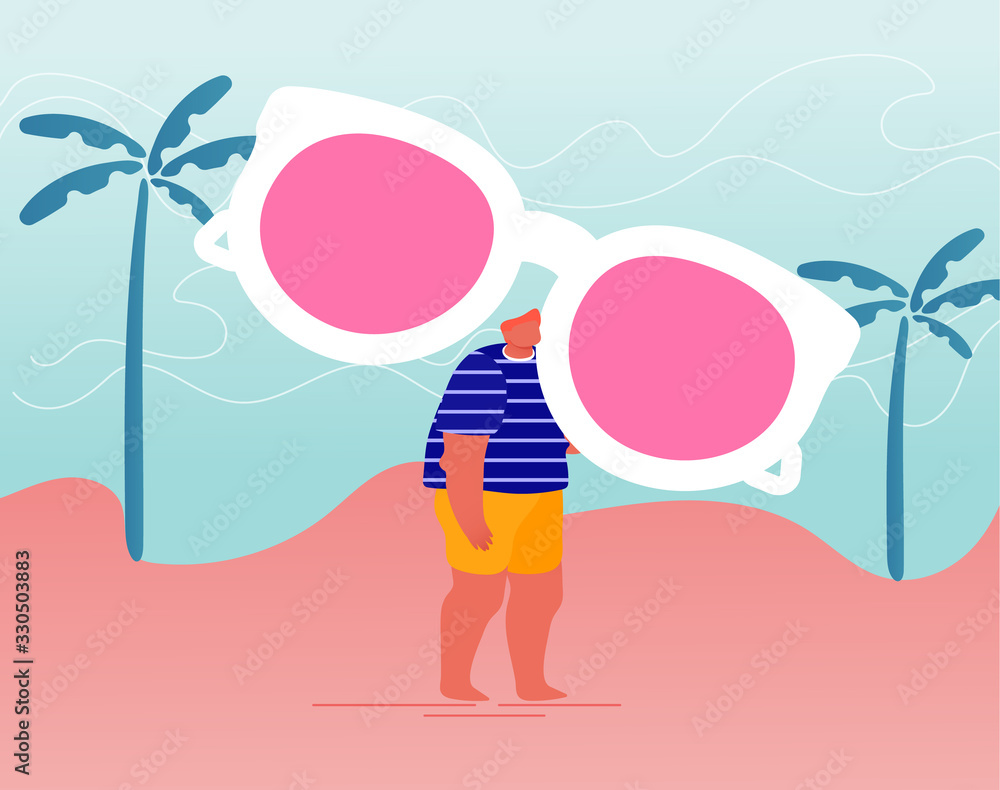 Young Happy Overweight Male Character Holding Huge Female Sunglasses in Hands Stand on Summer Sandy Beach. Summertime Nature Vacation, Holiday and Active Lifestyle Concept. Cartoon Vector Illustration